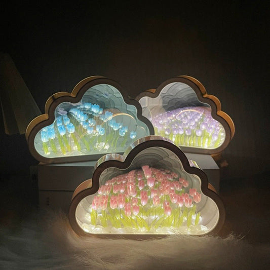 Handcrafted DIY Cloud Tulips Mirror LED Squishy Night Light For Gift USB plug Plug-In Tulips Lamp